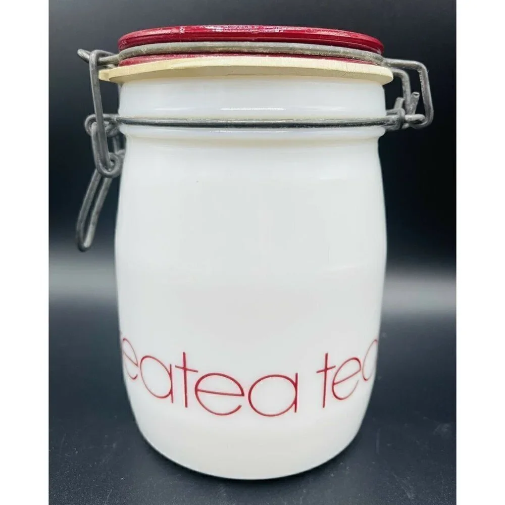 Vintage Wheaton Milk Glass Tea Canister Kitchen Storage White Red Bail Lid 5.75”